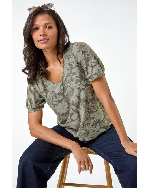 Roman Green Textured Floral Blouson Hem Stretch Top