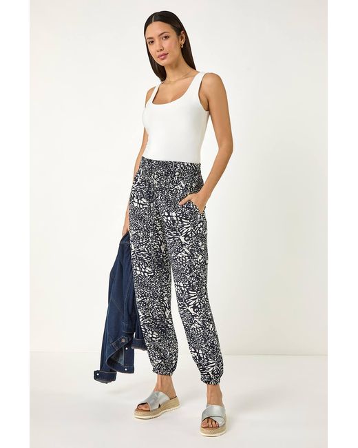 Roman Blue Abstract Animal Print Tie Waist Trousers