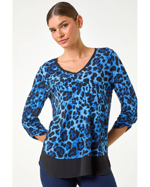 Roman Blue Animal Print Contrast Border Print Top
