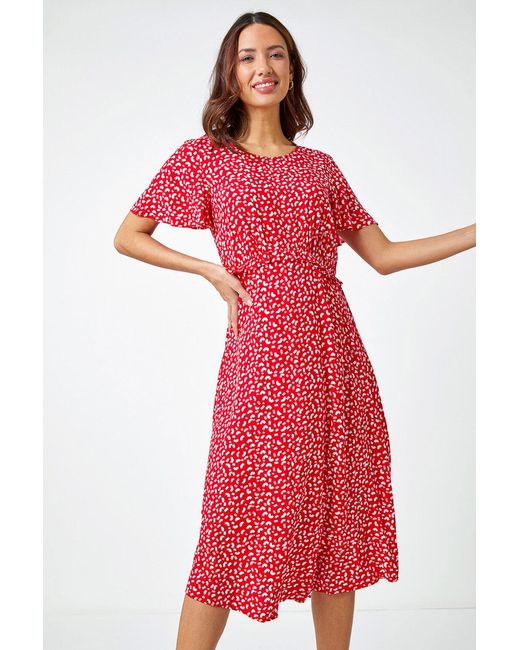 Roman Red Ditsy Print Frill Waist Midi Dress