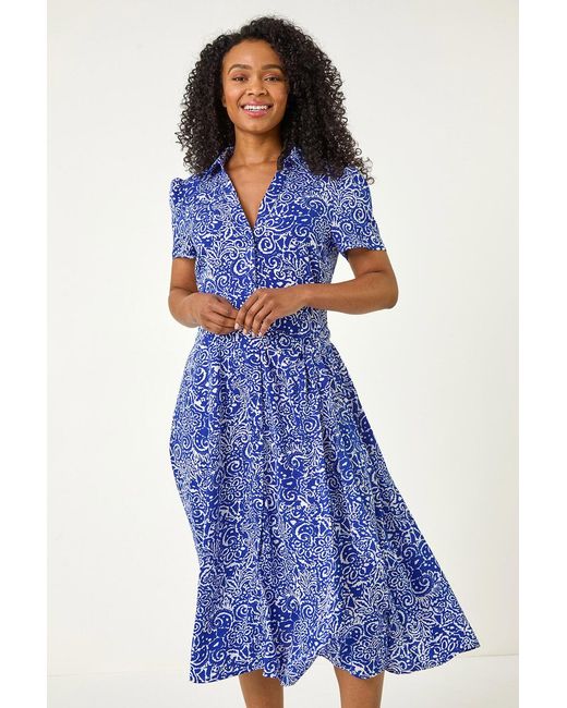 Roman Petite Blue Abstract Print Button Shirt Dress