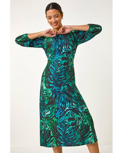Roman Green Zebra Print Gathered Midi Dress
