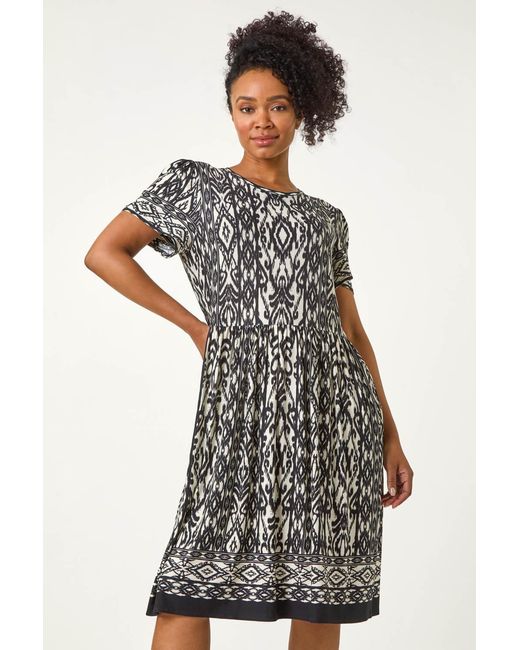 Roman Petite Black Aztec Stretch Pocket Dress