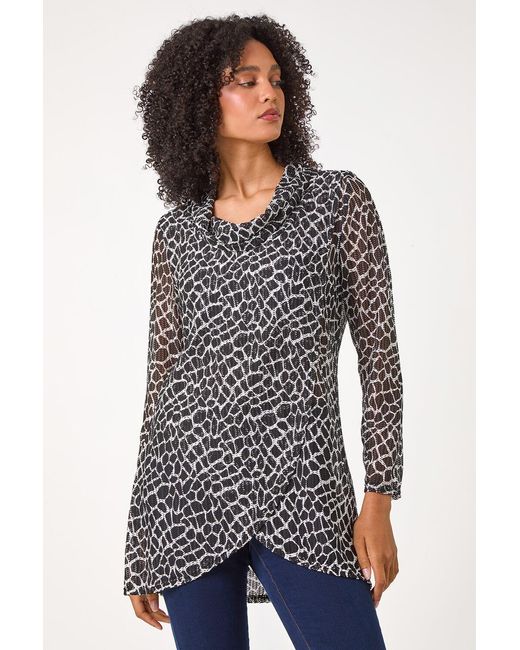 Roman Blue Abstract Print Cowl Neck Stretch Top