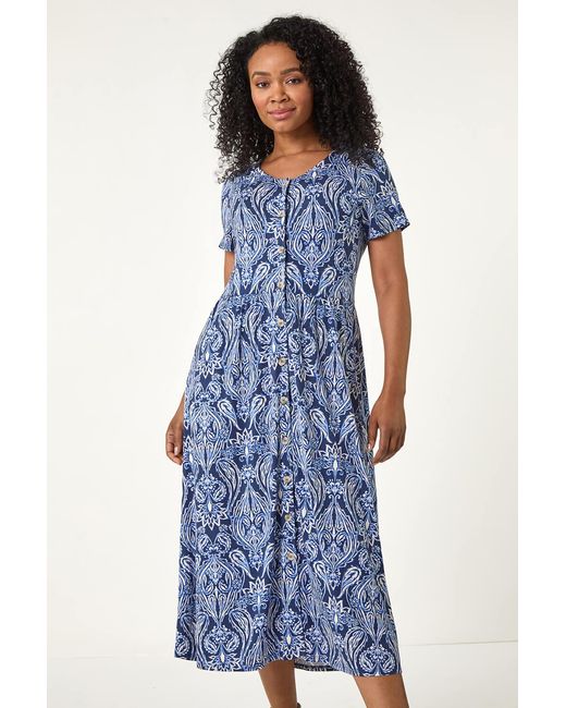 Roman Petite Blue Paisley Button Front Dress
