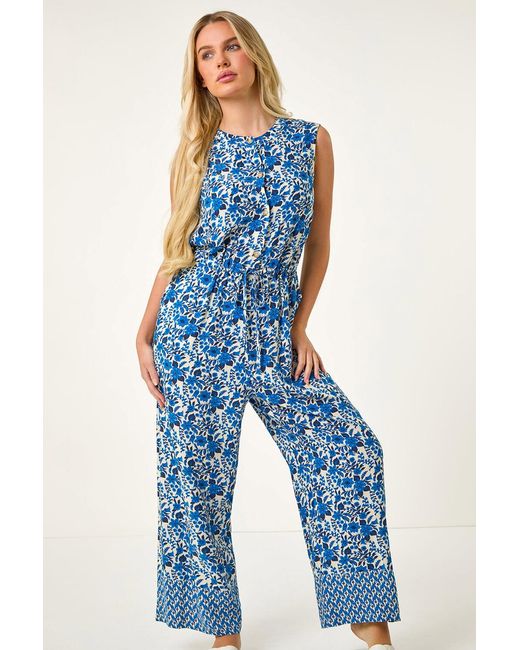 Roman Petite Blue Floral Border Print Jumpsuit