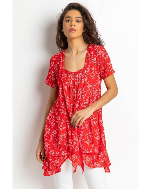 Roman Red Floral Print Crinkle Tunic Top