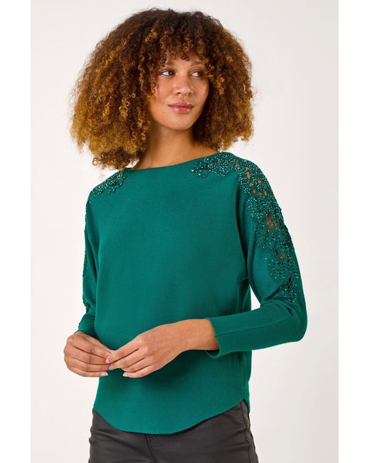 Roman Green Contrast Sleeve Trim Knit Jumper