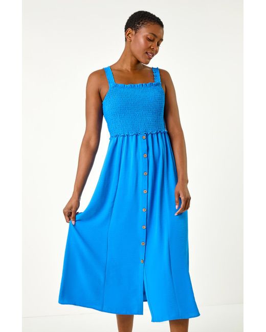 Roman Blue Plain Shirred Button Detail Midi Dress