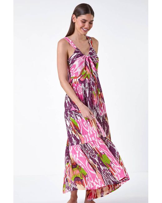 Roman Pink Abstract Tie Front Tiered Maxi Dress