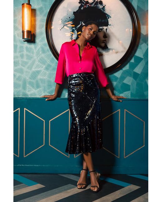Roman Black Sequin Embellished Fluted Midi Skirt
