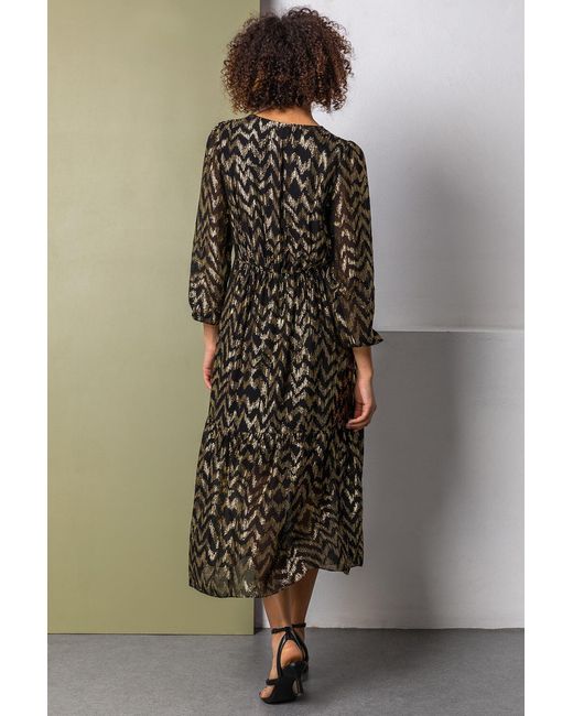 D.u.s.k Metallic Zig Zag Wrap Tiered Midi Dress