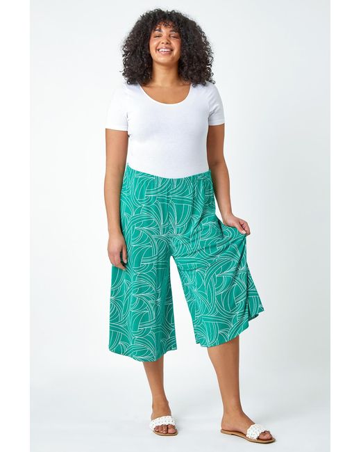 Roman Curve Green Abstract Swirl Stretch Cropped Culottes