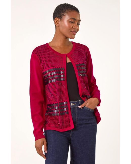 Roman Red Sequin Embellished Knit Cardigan