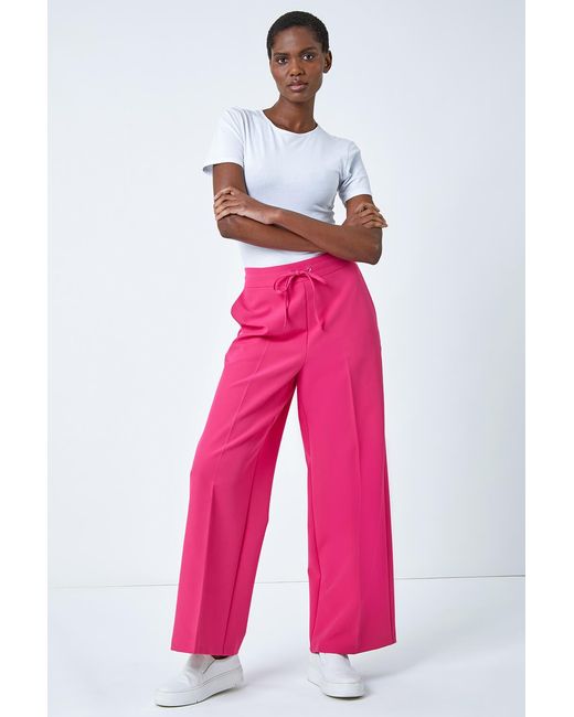 Roman Pink Wide Leg Elastic Waist Tie Front Trouser