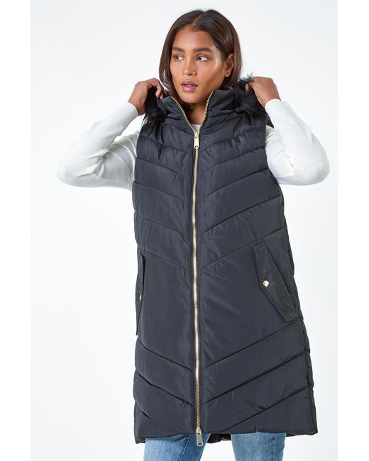 Roman Gray Quilted Faux Fur Hood Longline Gilet