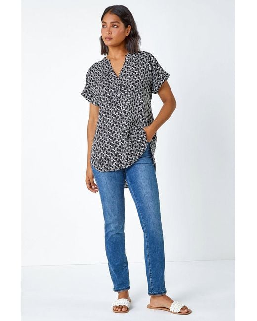 Roman Blue Abstract Print Woven Pleat Front V-Neck Top