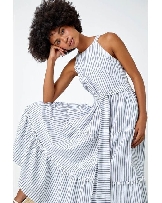 Roman Blue Tiered Cotton Halter Neck Stripe Dress