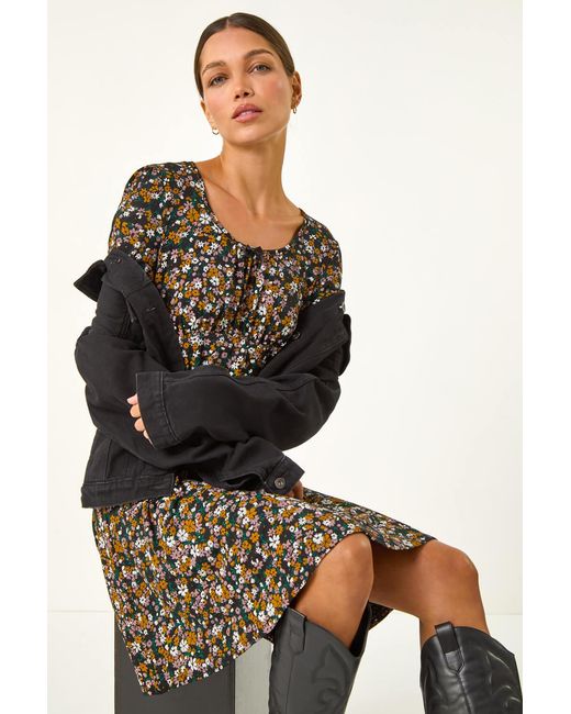 Roman Black Floral Bow Detail Jersey Dress