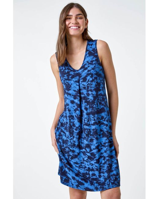 Roman Blue Tie Dye Stretch Pocket Swing Dress