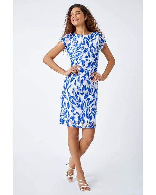 Roman Blue Leaf Print Stretch Lace Dress