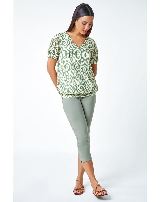 Roman Green Aztec Print V-Neck Blouson Hem Top