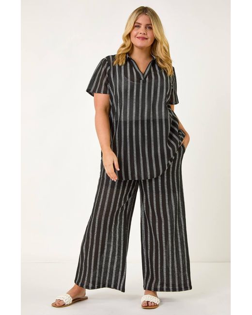 Roman Curve Black Stripe Collared Knit Top