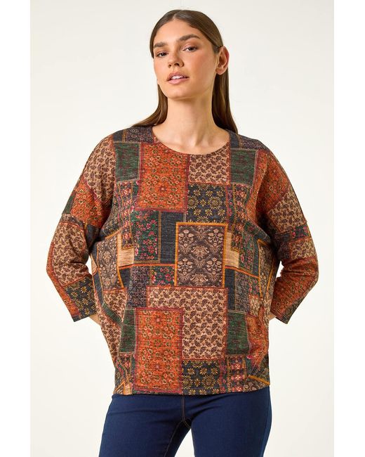 Roman Blue Patchwork Print Stretch Top