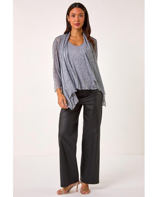 Roman Blue Plisse Print Metallic Foil Kimono