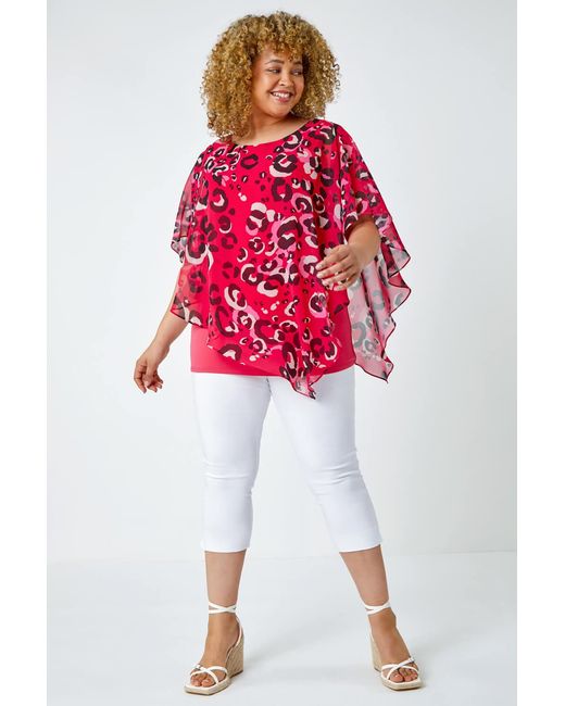 Roman Curve Red Animal Print Chiffon Overlay Top