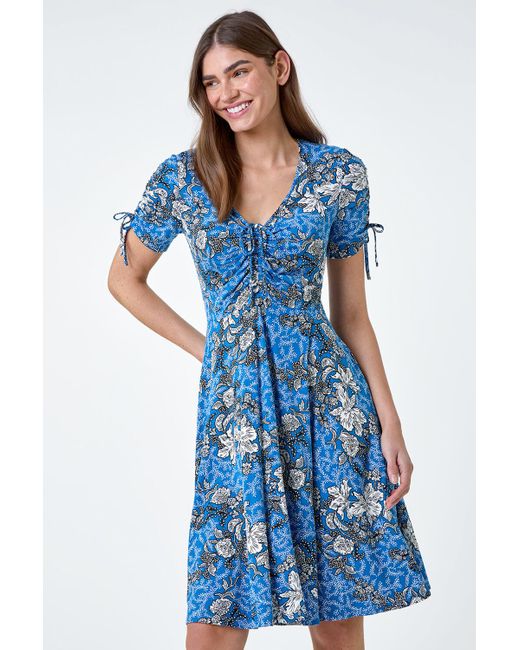 Roman Blue Floral Gathered Tie Detail Stretch Dress