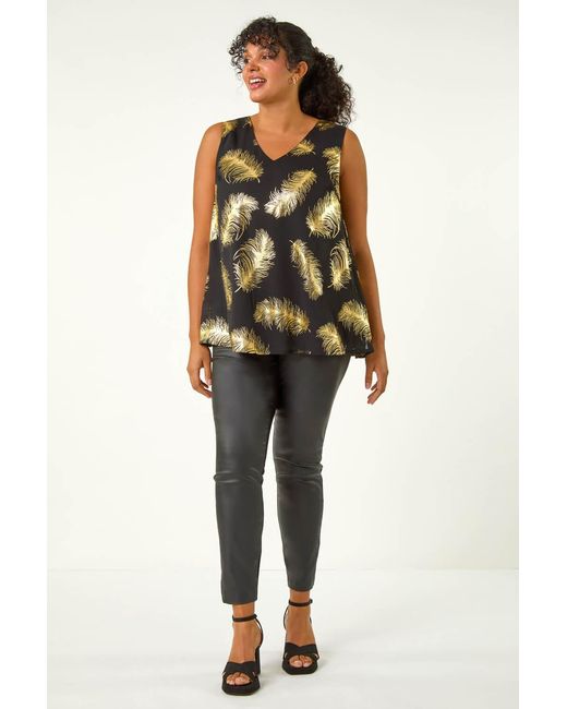 Roman Curve Black Woven Foil Print Vest Top