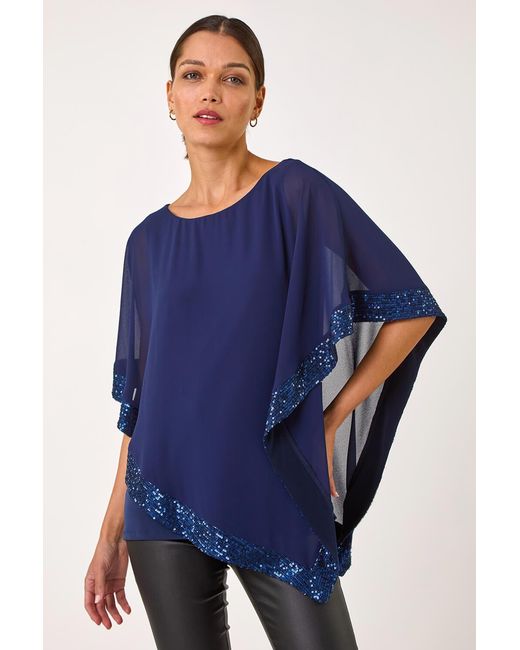 Roman Blue Sequin Hem Overlay Stretch Top