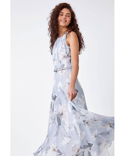 Roman Gray Floral Pleated Maxi Occasion Wedding Guest Dress