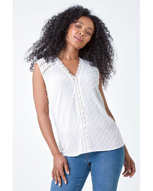 Roman Petite White Spot Print Lace Tunic Top