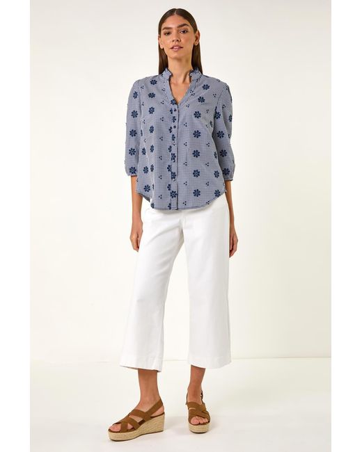 Roman Blue Floral Embroidered V-Neck Blouse