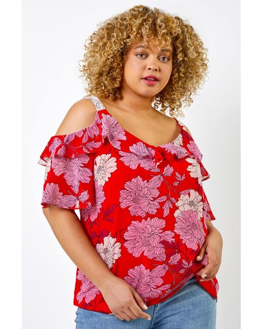 Roman Curve Red Floral Cold Shoulder Chiffon Frill Detail Top