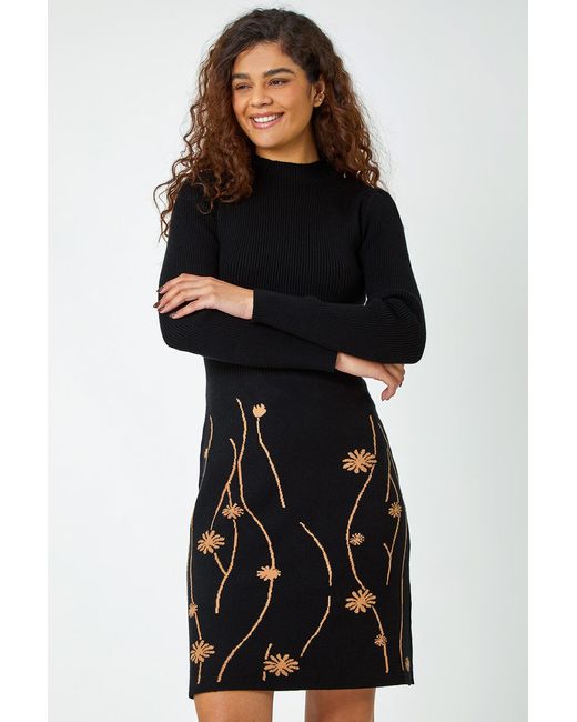 Roman Black Ribbed Knit Floral Stretch Dress