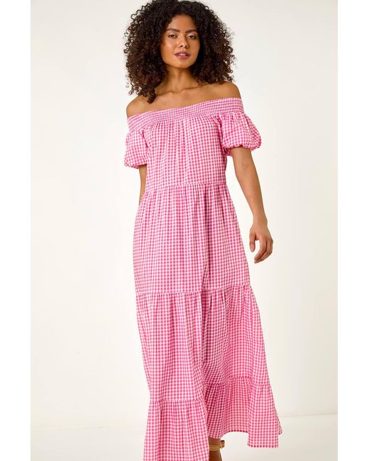 D.u.s.k Pink Gingham Bardot Tiered Maxi Dress