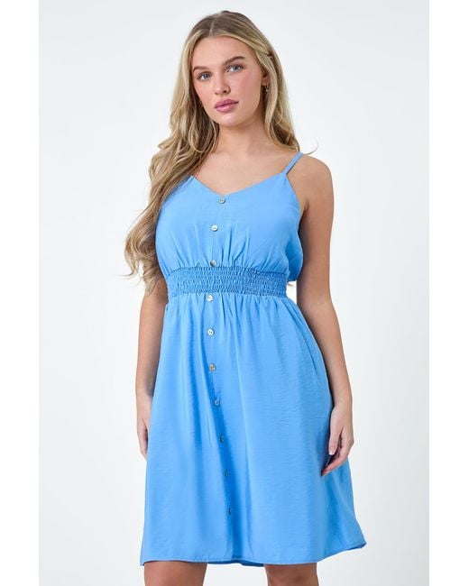 Roman Petite Blue Strappy Plain Shirred Skater Dress