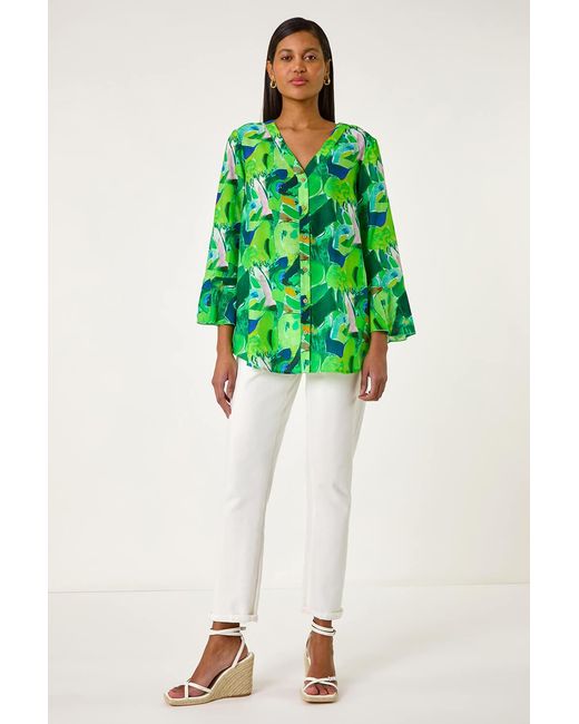 Roman Green Abstract Print Flared Blouse