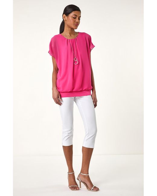Roman Pink Chiffon Jersey Blouson Top With Necklace