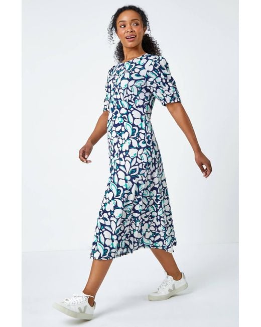 Roman Petite Blue Floral Stretch Midi Dress