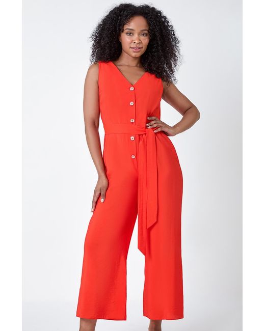 Roman Petite Red Sleeveless Button Front Jumpsuit
