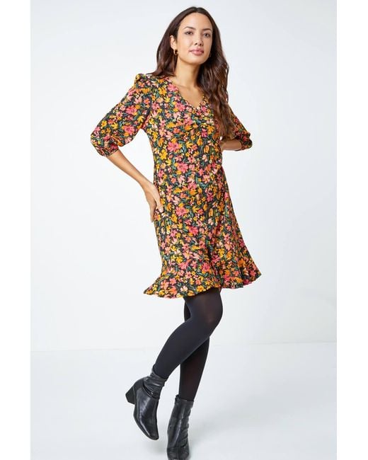 Roman Brown Ruched Floral Frill Hem Dress