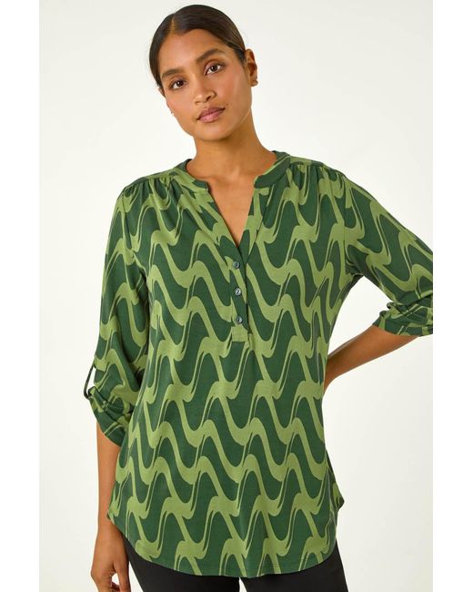 Roman Green Geometric Print Stretch Blouse