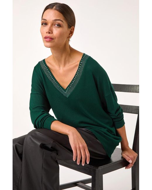 Roman Green Hotfix Trim V-Neck Knit Jumper