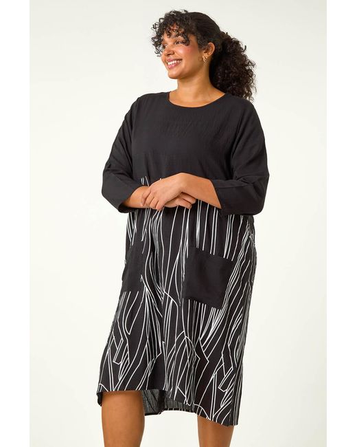 Roman Curve Black Abstract Print Pocket Smock Dress