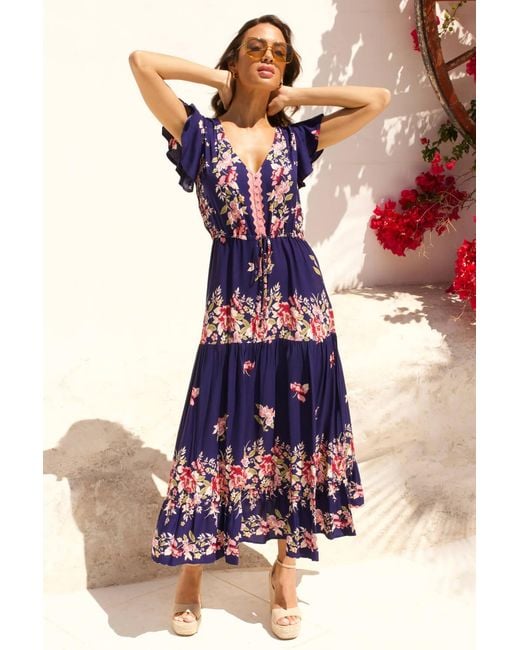 Roman Blue Floral Print Tiered Midi Dress