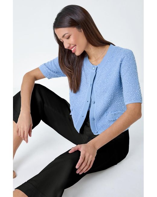 Roman Blue Fringe Detail Sparkle Button Cotton Cardigan